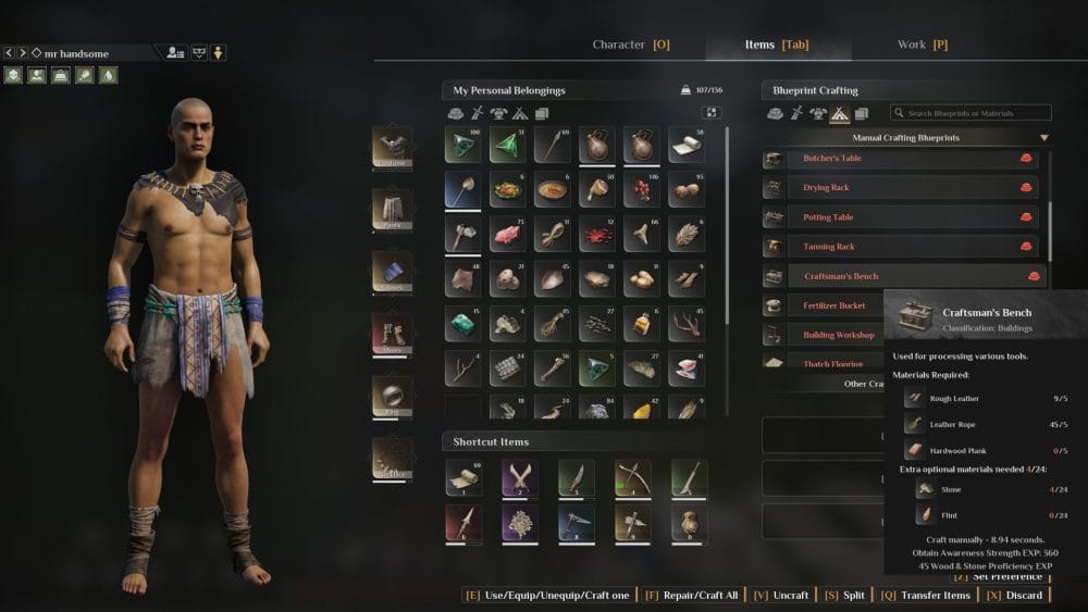 Inbetor screen in Soulmask showing items and blueprints
