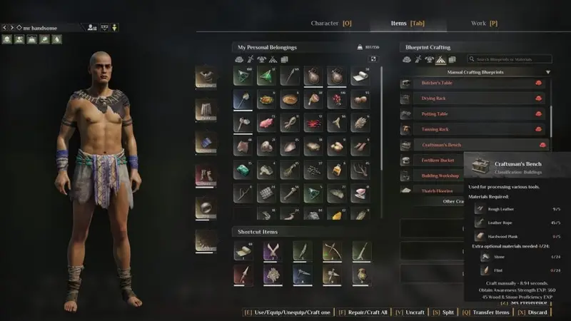 Inbetor screen in Soulmask showing items and blueprints