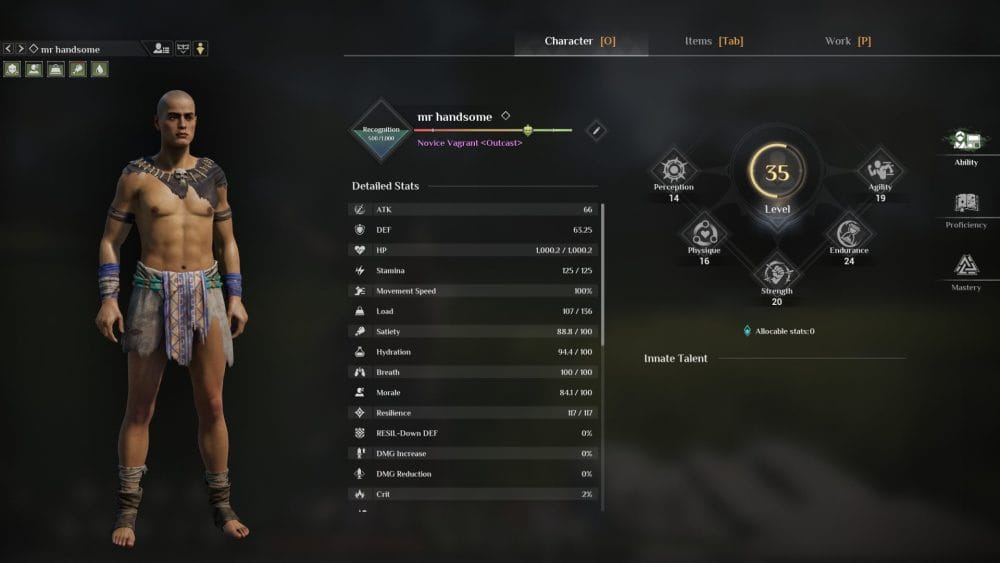Soulmask stat screen showing character level and other stats