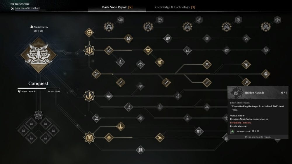 Soulmask skill tree showing Mask Nodes.