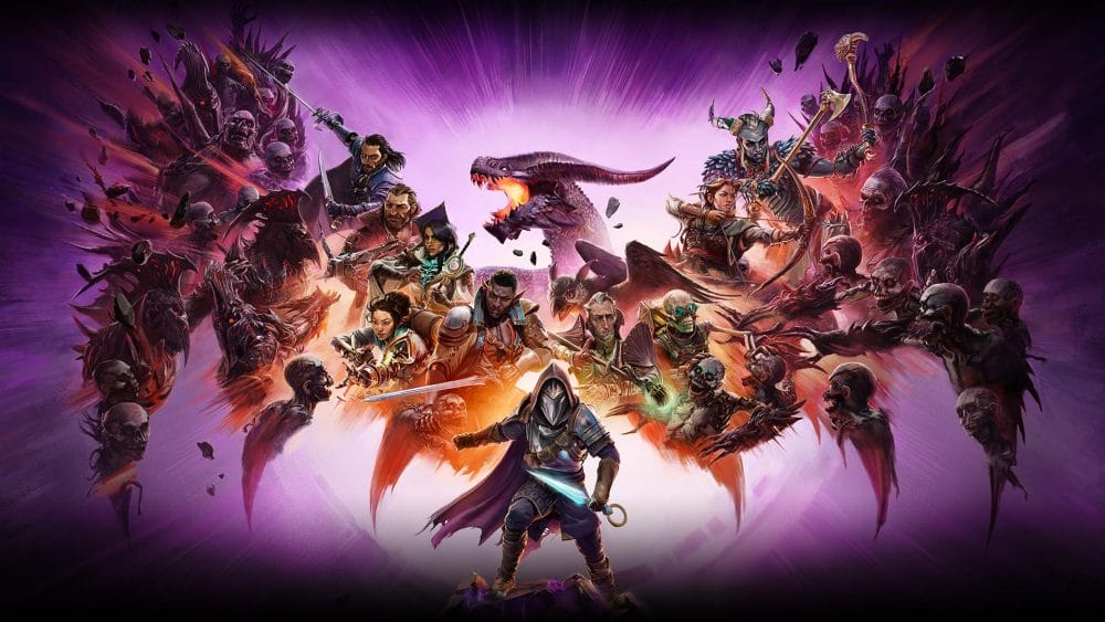 Promo image showing enemies and characters from Dragon Age: The Veilguard making up the shape of a dragon
