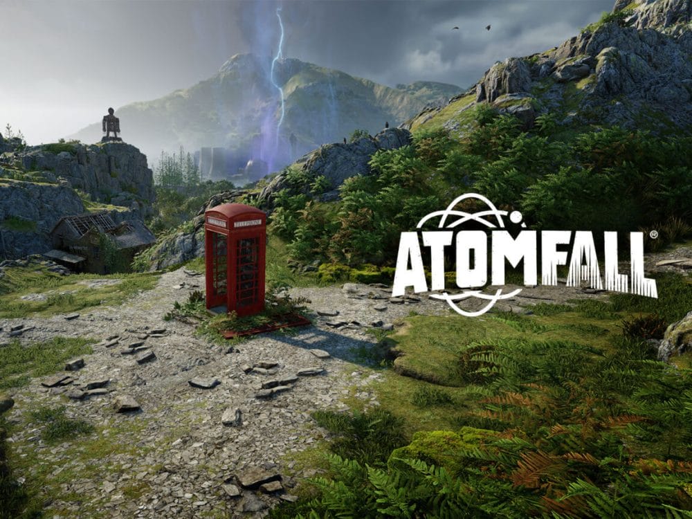 Atomfall logo, british landscape with a traditional red telephone box, a lightning bolt is striking in the distance
