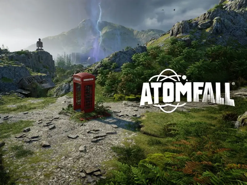 Atomfall logo, british landscape with a traditional red telephone box, a lightning bolt is striking in the distance