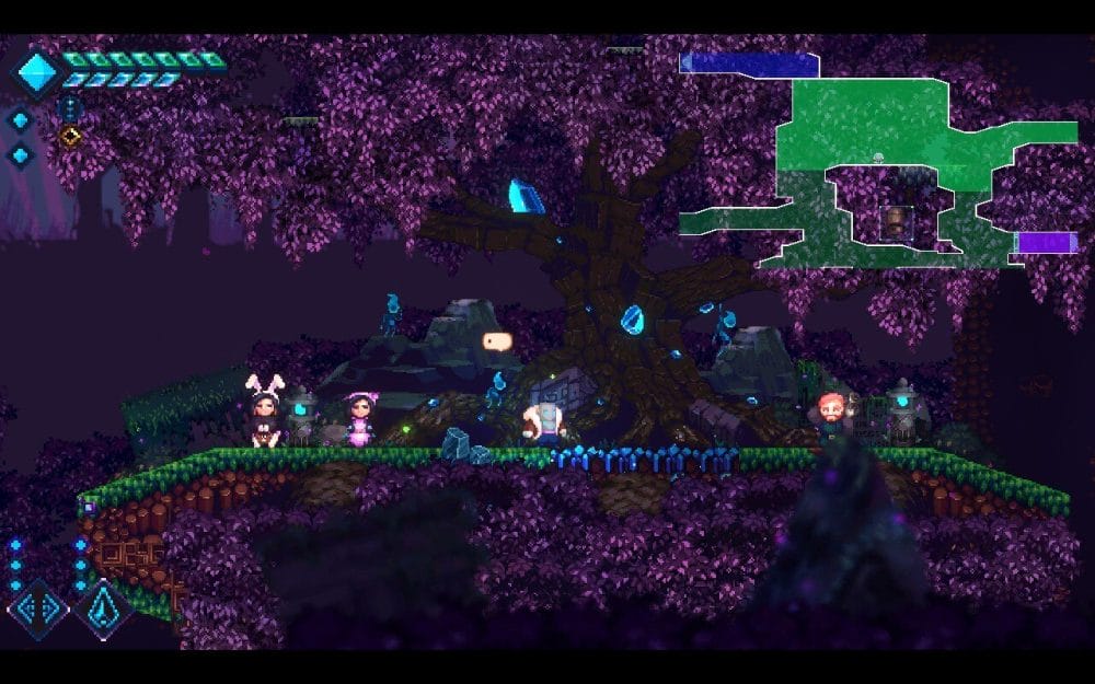 Screenshot showing various NPCs standing in front of a tree with the mini map in the top corner