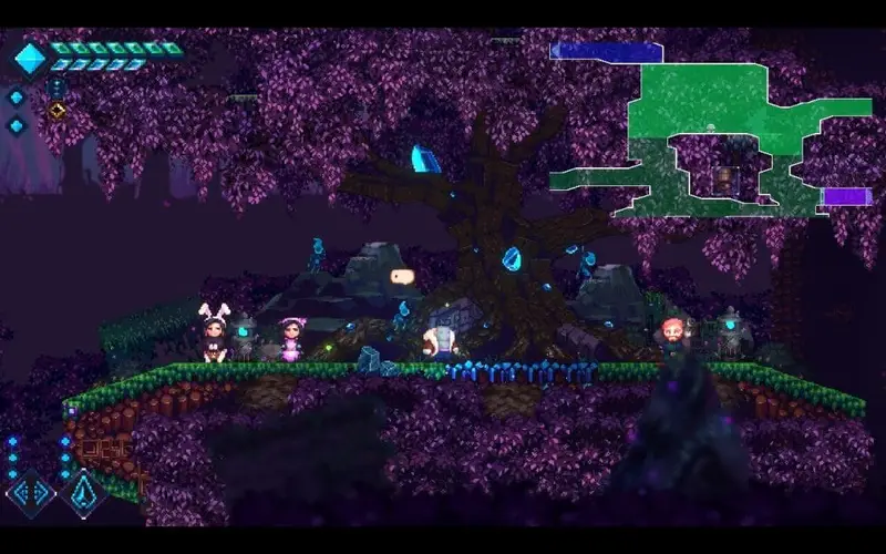 Screenshot showing various NPCs standing in front of a tree with the mini map in the top corner