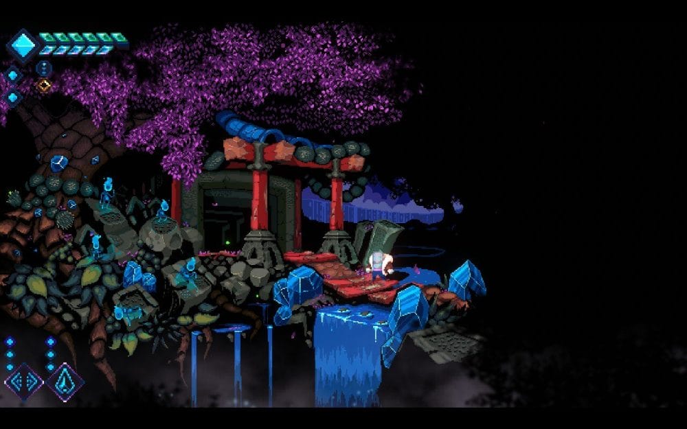 Gameplay screenshot showing the player character standing at the top of a waterfall