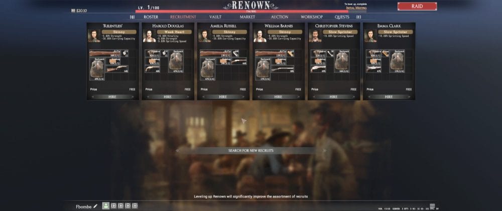 Character Screen for A Twisted Path to Renown