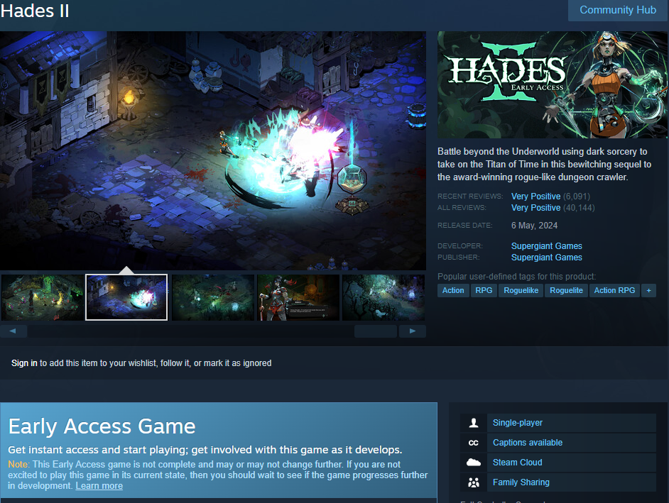Screenshot of Hades 2 early access page