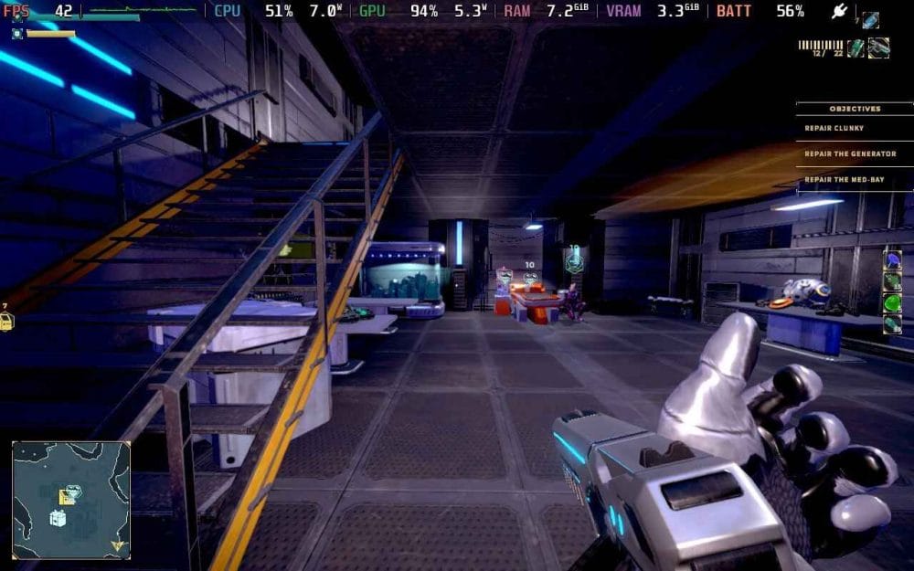 Steam Deck screenshot showing the inside of your base, and the Frame Rate issues in the corner