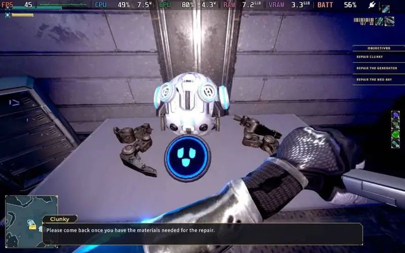 Screenshot of Relic Odyssey showing Clunky the robot side kick