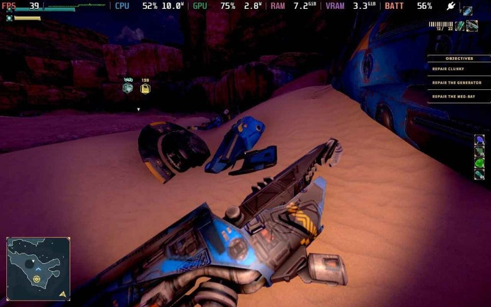 Screenshot showing crashed ship and the planet Veltar