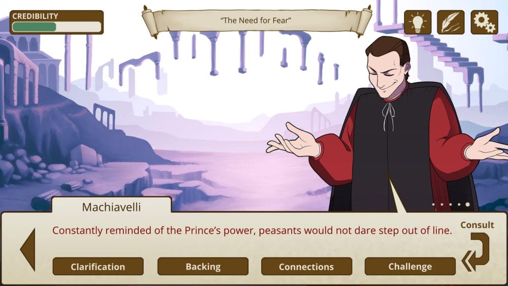Debate screen with Machiavelli in Pro Philosopher 2