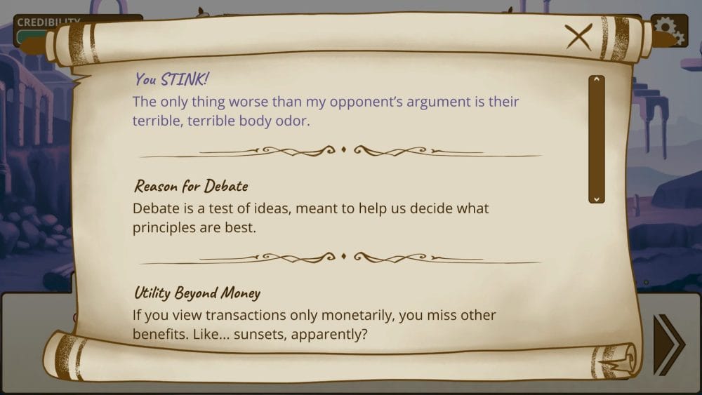 Argument screen in Pro Philosopher 2