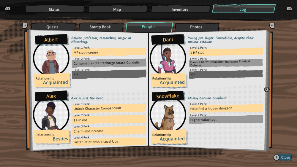 Screenshot showing relationship tracker in Dungeons of Hinterberg