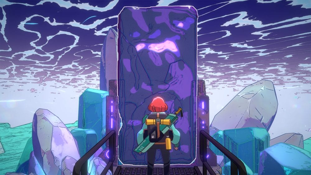 Screenshot showing the Luisa Dorfa standing outside the town a dungeon portal
