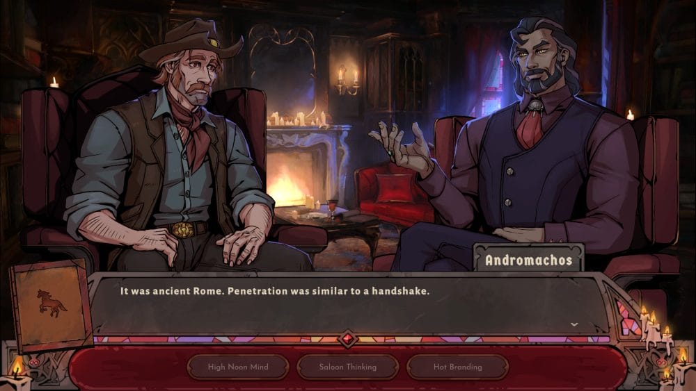 Sam and Andromachos discussing Ancient Rome in Vampire Therapist
