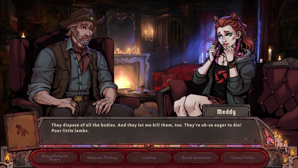 Sam talking with Meddy, one of the clients in Vampire Therapist
