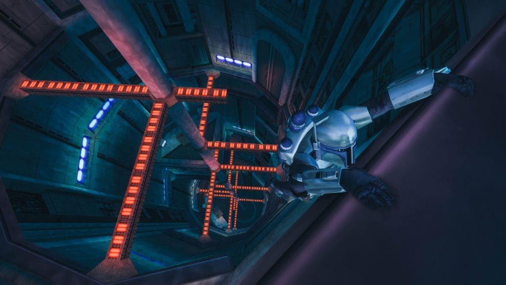Jango Fett hanging from a ledge in Star Wars Bounty Hunter