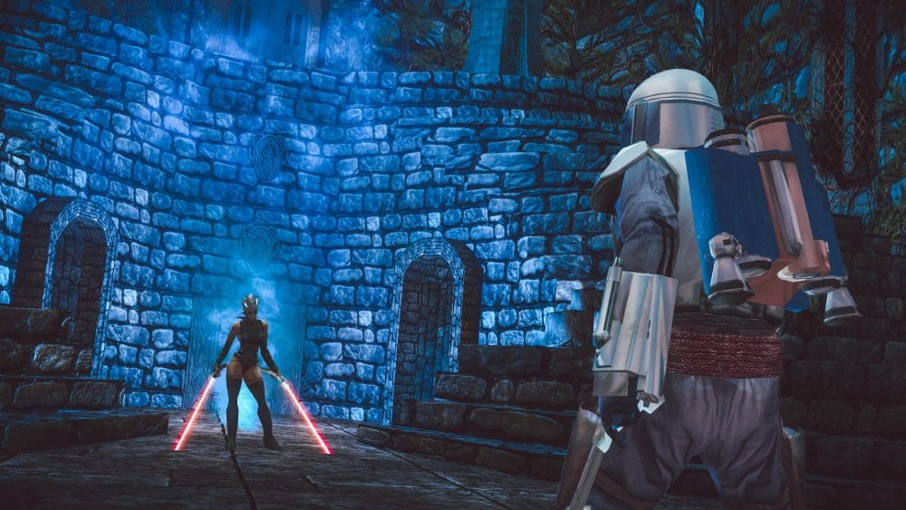 Jango Fett facing a Dark Jedi in Star Wars Bounty Hunter