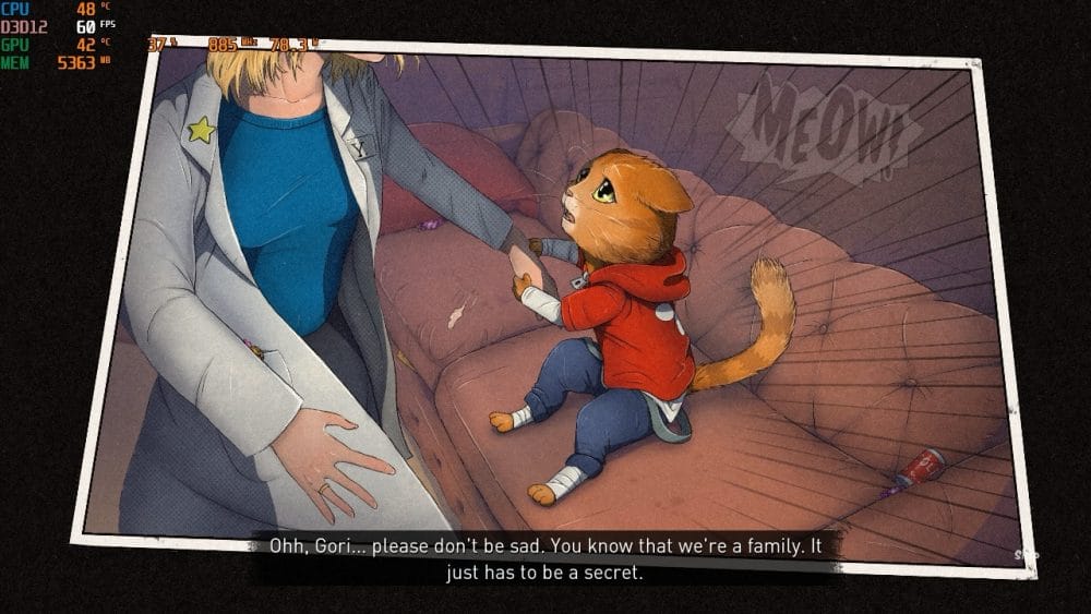 Story Screenshot from Gameplay Screenshot from Gori Cuddly Carnage are shown in comic book style. 