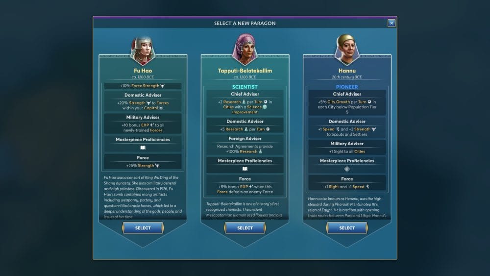 Paragon Selection Screen in Ara: History Untold