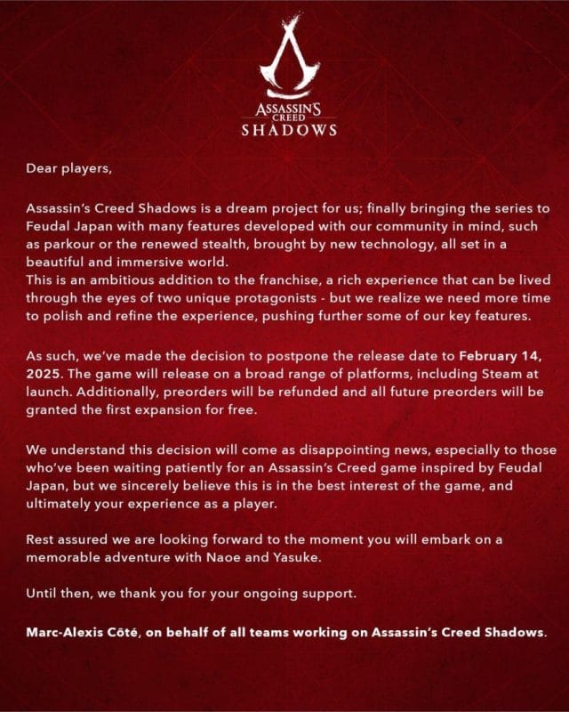 Ubisoft press release explaining the Assassin's Creed Shadows delay