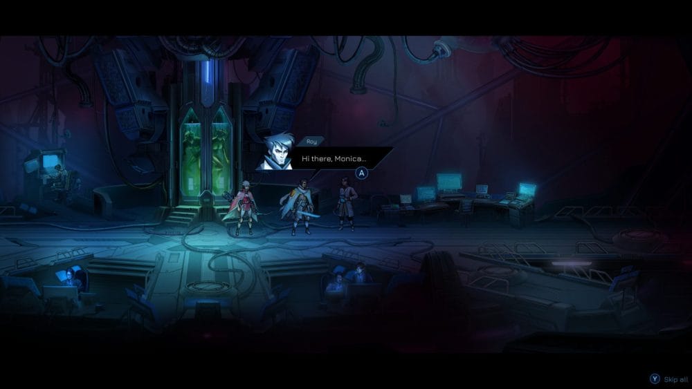 Anima Flux gameplay screenshot showing both characters (Roy and Eileen) talking to a NPC