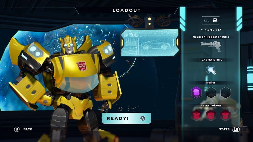 Loadout screen on Transformers: Galactic Trials