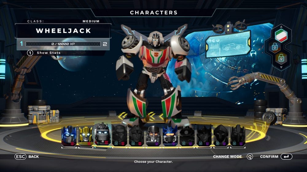 Character select screen on Transformers: Galactic Trials