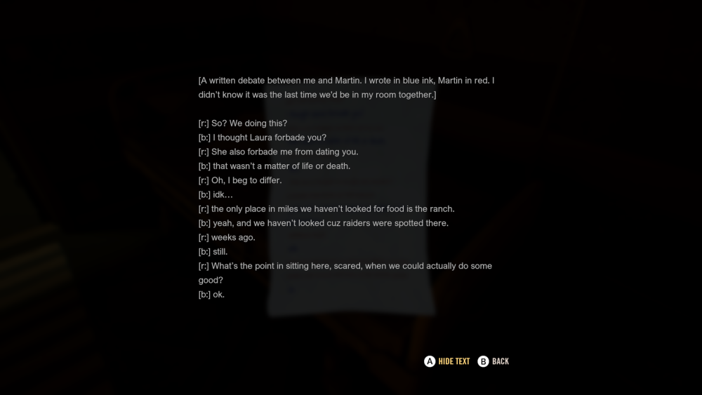 Text based note showing two survivors talking by writing