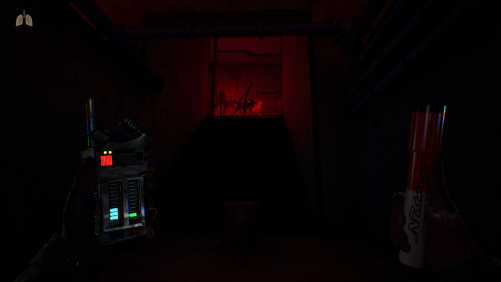 Screenshot showing phonometer and flashlight with an alien at the top of a set of stairs