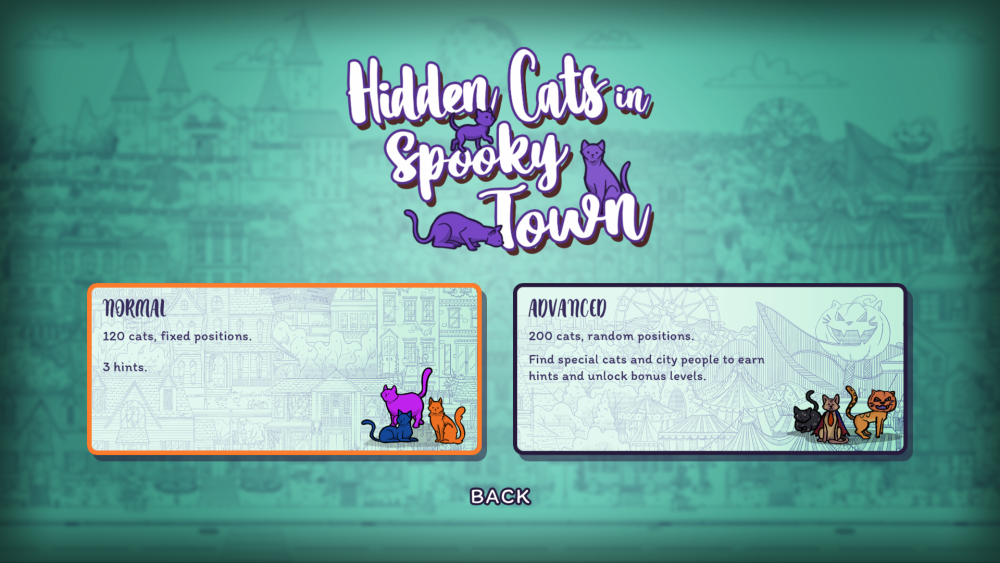 Hidden Cats in Spooky Town Game Menu featuring Normal and Advanced Modes.