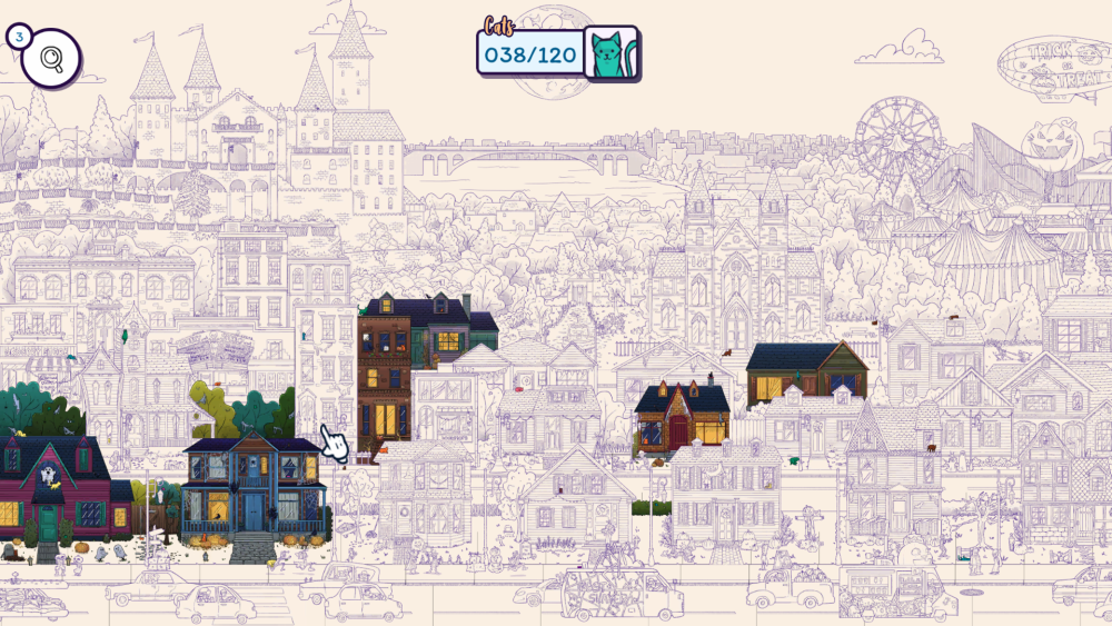 Hidden Cats in Spooky Town in game map showing areas filled in with color.