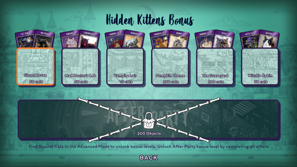 Hidden Cats in Spooky Town bonus game mode menu.