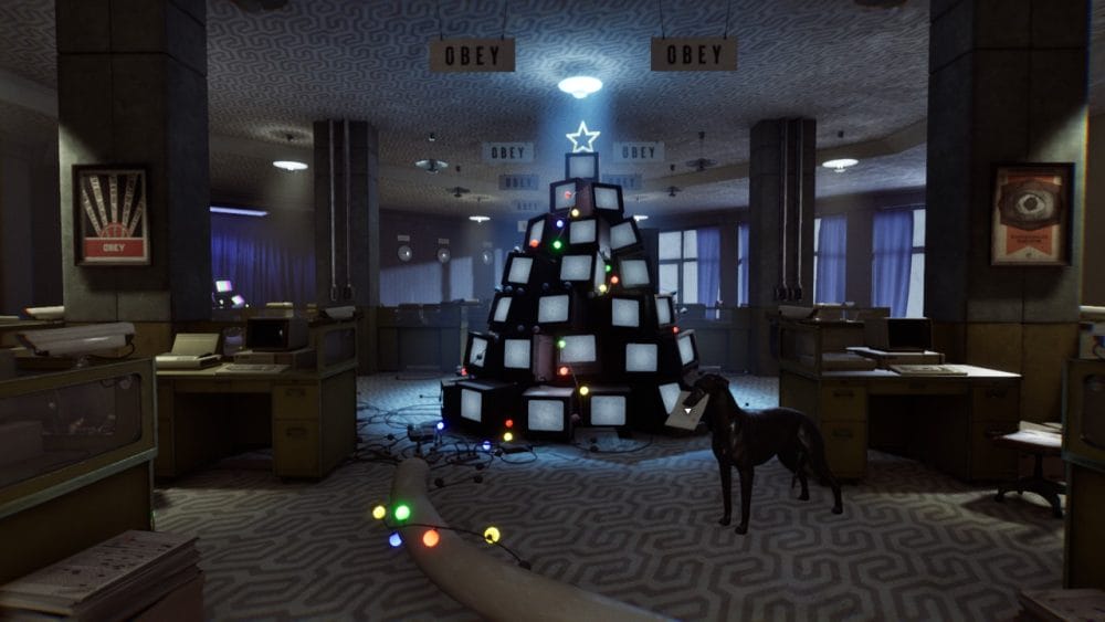 TVs stacked into a Christmas tree in Karma: The Dark World