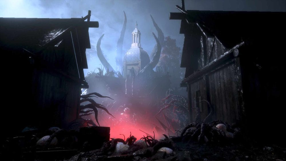 Scenery from a blighted town in Dragon Age: The Veilguard.