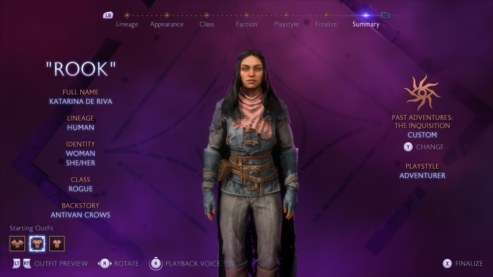 Final character customization screen for Dragon Age: The Veilguard.