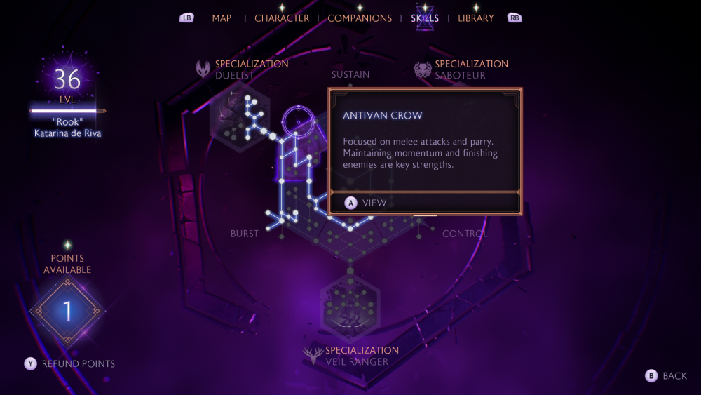 Rook's Skill Customization screen from Dragon Age: The Veilguard.