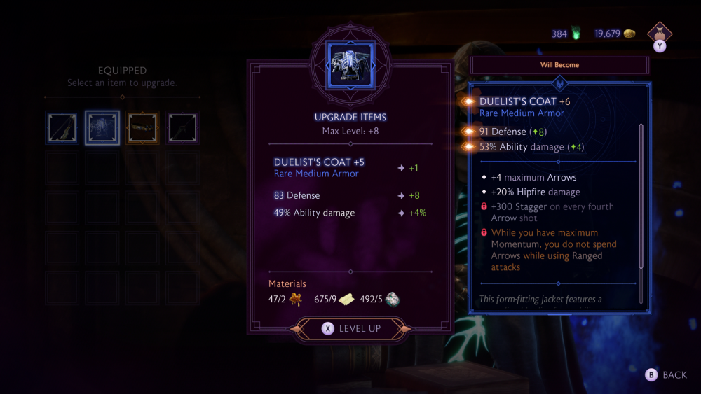 Image of the gear upgade system in Dragon Age: The Veilguard