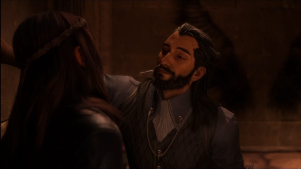 Rook and Lucanis Dellamorte having a discussion in Dragon Age: The Veilguard.