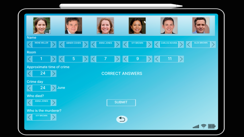 Image of the final PDA solution with the correct answers to solve the game DETECTIVE - The Motel.
