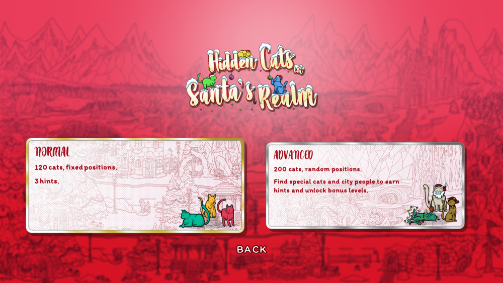 Image of Hidden Cats in Santa's Realm menu showing Normal and Advanced modes. 