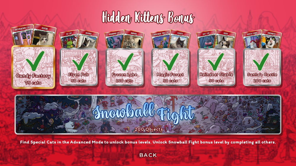Image of Hidden Cats in Santa's Realm Bonus level menu.