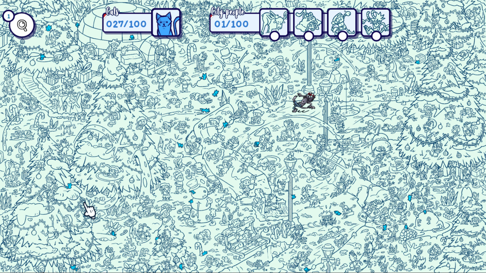 Image of the Snowball Fight level showing some kittens and elves getting colored in once they are found. 