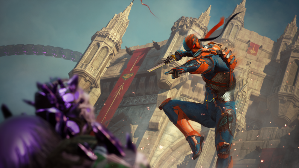 Deathstroke, sword in hand, attacking some type of purple enemy