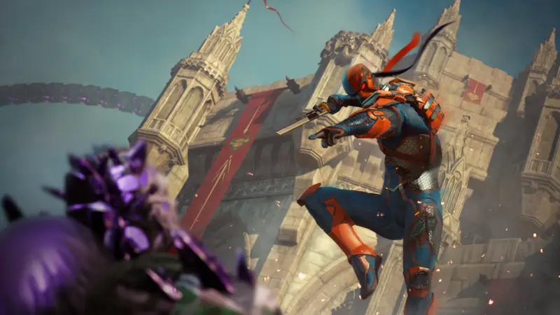 Deathstroke, sword in hand, attacking some type of purple enemy