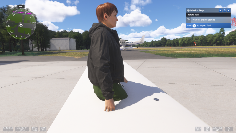 A woman glitching through a wing of a plane in Flight Sim 2024