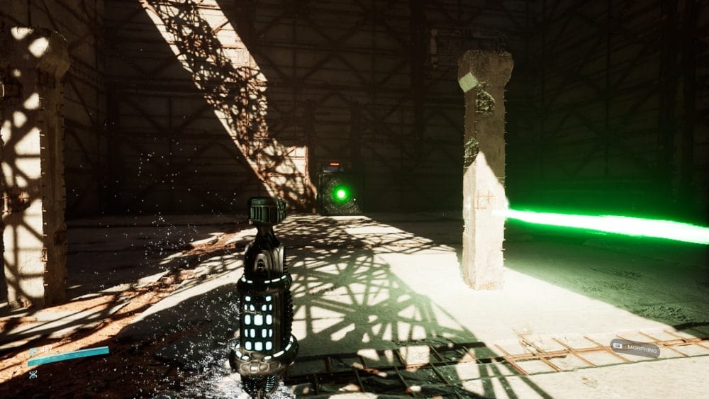 The sand biome Project Tower showing the protagonist transformed into a pillar inside a building with a large cube