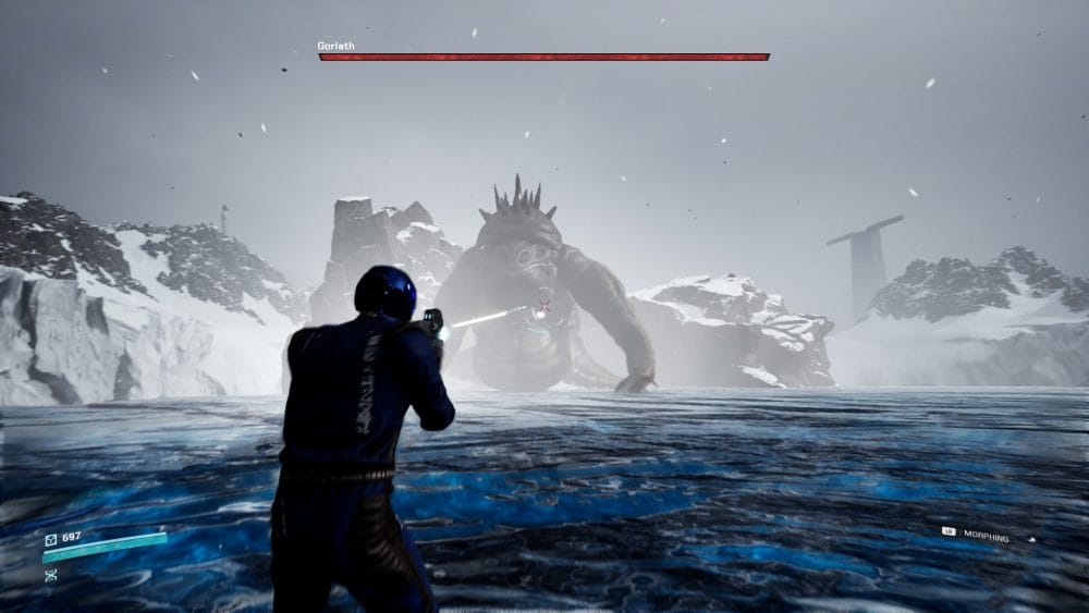 Project Tower showing the protagonist fighting a large alien monster