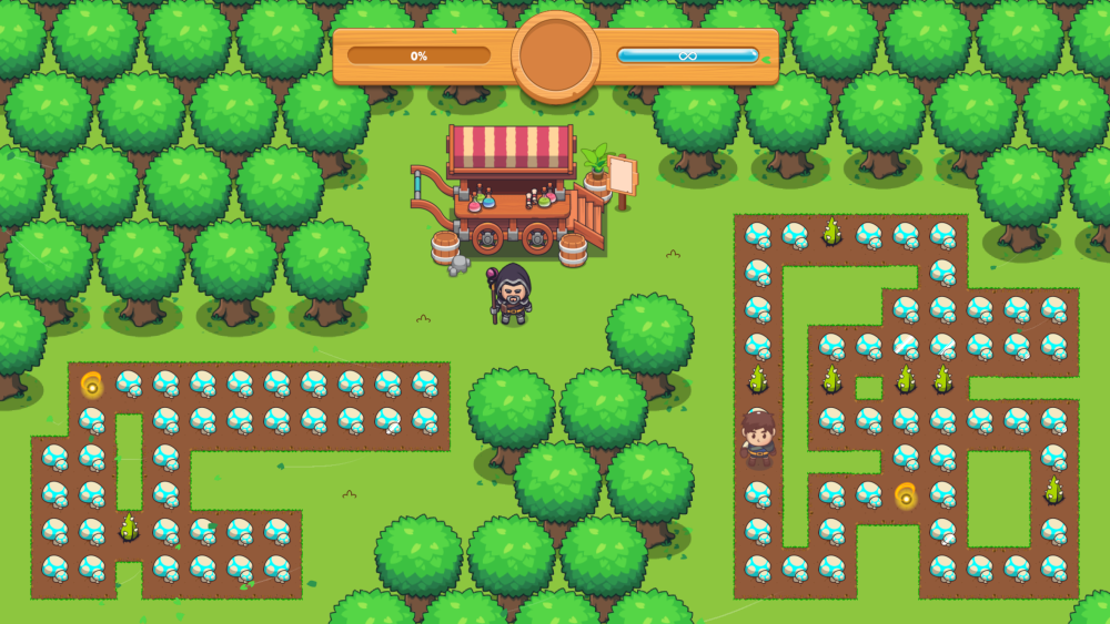 Image of a puzzle level showing spiked plant obstacles and teleports that are available.